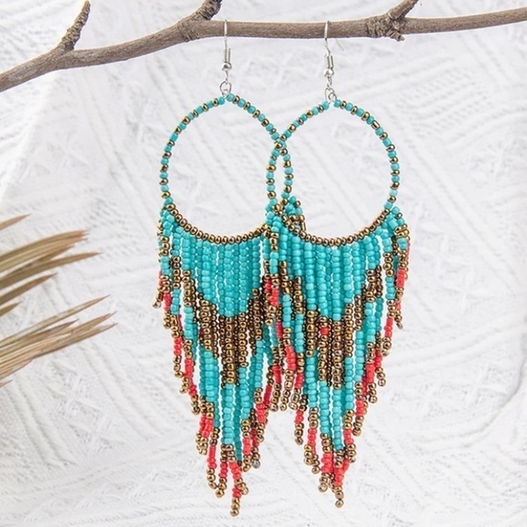NEW Boho Ethnic Long Tassel Beaded Earrings - Picture 2 of 2